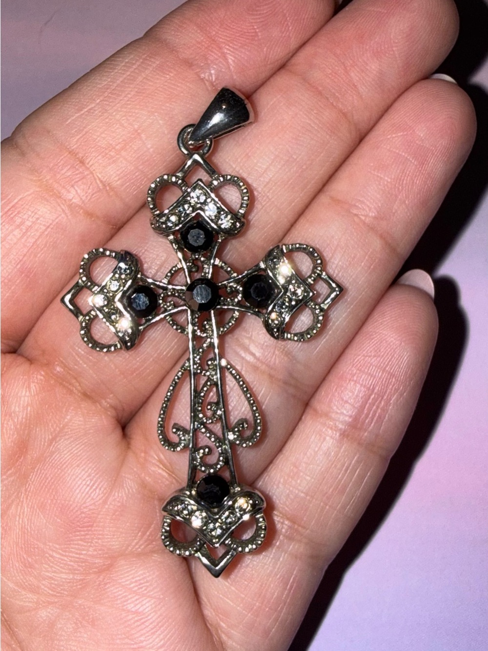 Filigree Cross Pendant with Black and Silver Accents